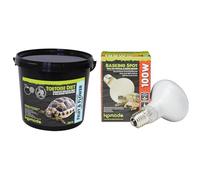 Komodo Tortoise Nutrition & Lighting Bundle - Complete Holistic Tortoise Diet Fruit & Flower 2kg Tub + Basking Spot Lamp ES 100W, Heat & Light for Reptile Habitats