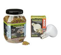 Komodo Tortoise Nutrition & Lighting Bundle - Complete Holistic Tortoise Diet Fruit & Flower 680g + Basking Spot Lamp ES 100W, Heat & Light for Reptile Habitats