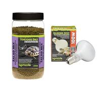 Komodo Tortoise Nutrition & Lighting Bundle - Complete Holistic Tortoise Diet Salad Mix 340g Tub + Basking Spot Lamp ES 100W, Heat & Light for Reptile Habitats