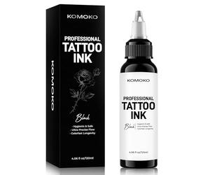 Komoko Tattoo ink (4.1 oz liquid), professional black ink with a smooth fluid consistency, plant derived pigments for crisp lines and soft shading, gentle formula for