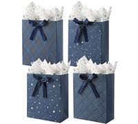 KomoLeay 4 Pack 9" Medium Size Gift Bags Assorted Premium Blue Gift Bags with Tissue Paper Use for Birthdays, Baby Shower,weddings,Party Favor, Holiday Presents-7" X 4" X 9"