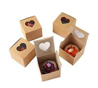 Komonee 12 x Cupcake Boxes Individual Heart Shape Kraft Brown Clear Window Single Fairy Cup Cake Cardboard Packaging Box Baking Kids Muffins Cookies Brownies Christmas Bake Weddings