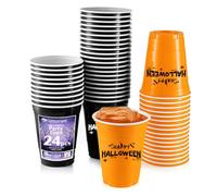 Komonee 24 x Halloween Black and Orange Cups 16oz 500ml Wide Rimmed Disposable American Party Cups USA Adult Novelty Plastic Glass