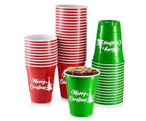 Komonee 48 x Christmas Red and Green Cups 16oz 500ml Wide Rimmed Disposable American Xmas Party Cups USA Adult Novelty Plastic Glass Design 3