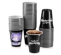 Komonee 48 x Halloween Black Cups 16oz 500ml Wide Rimmed Disposable American Party Cups USA Adult Novelty Plastic Glass