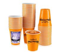 Komonee 48 x Halloween Orange Cups 16oz 500ml Wide Rimmed Disposable American Party Cups USA Adult Novelty Plastic Glass