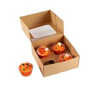Komonee 50 x Cupcake Boxes Kraft Brown Holds 4 Single Fairy Cake With Clear Window Cardboard Packaging Box Baking Kids Muffins Cookies Weddings