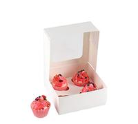 Komonee 50 x Cupcake Boxes White Holds 4 Single Fairy Cake With Clear Window Cardboard Packaging Box Baking Kids Muffins Cookies Weddings
