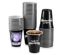 Komonee 6 x Halloween Black Cups 16oz 500ml Wide Rimmed Disposable American Party Cups USA Adult Novelty Plastic Glass