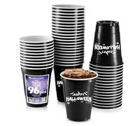Komonee 96 x Halloween Black Cups 16oz 500ml Wide Rimmed Disposable American Party Cups USA Adult Novelty Plastic Glass