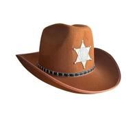 Komonee Cowboy Hat Brown with Deputy Sheriff Badge Western Sun Cap Fancy Dress Hen Party Costume Outfit Accessory Travel Outdoor Festival Sun Protection Mens Womens Fashion