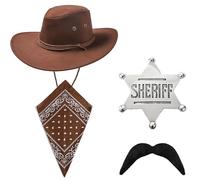 Komonee Dark Brown Adults Cowboy Hat and Brown Bandana With Accessories Western Cap Faux Suede Neckscarf Sun Protection Mens Womens