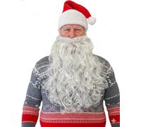 Komonee Deluxe Santa Hat and Beard Set - Premium Thick Plush Red Headwear with White Curly Beard - Father Christmas Fancy Dress Costume Accessories for Adults & Xmas Parties