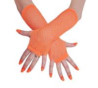Komonee Neon Orange Fishnet Gloves Long Fingerless Arm Warmers, Elbow Length Mesh Sleeves for Women, Stretchy Sheer Opera Style for Rave Cosplay Halloween 80s Costume, One Size