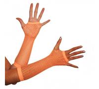 Komonee Orange Fishnet Gloves Long Fingerless Arm Warmers, Elbow Length Mesh Sleeves for Women, Stretchy Sheer Opera Style for Rave Cosplay Halloween 80s Costume, One Size