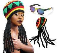 Komonee Rasta Hat Sunglasses Glasses Fancy Dress Up Reggae Dreads Wig Costume Accessory Halloween Bob Marley Cosplay Cap