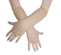 Komonee Red Beige Fishnet Gloves Long Fingerless Arm Warmers, Elbow Length Mesh Sleeves for Women, Stretchy Sheer Opera Style for Rave Cosplay Halloween 80s Costume, One Size