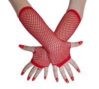 Komonee Red Fishnet Gloves Long Fingerless Arm Warmers, Elbow Length Mesh Sleeves for Women, Stretchy Sheer Opera Style for Rave Cosplay Halloween 80s Costume, One Size
