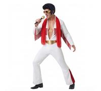Komonee Rock n Roll 6pc Outfit Set Halloween Birthday Fancy Dress Costume | Includes White Jumpsuit, Black Hairpiece Wig, Sunglasses, Red Neck Scarf & Microphone