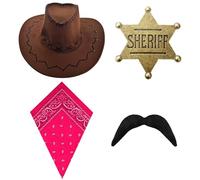 Komonee Western Chocolate Cowboy Hat Rodeo Pink Bandana With Gold Sheriff Badge Moustache Cap Faux Suede Halloween Fancy Dress Party Costume Outfit Neckscarf Sun Protection Mens Womens