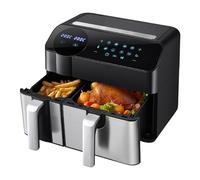 KOMORE 9.5L Dual Zone Digital AirFryer, 2 Drawers, 2400W Energy-Saving, 8-in-1 Compact Air Fryer with Touch Screen, Rapid Air Technology, Timing, Oil-Free, Non-Stick, Dishwasher Safe, Black