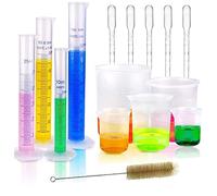 KOMUNJ 15 PCS Plastic Graduated Cylinders and Beakers Set with 5 Transfer Pipettes and 1 Test Tube Brushes Graduated Beakers Mixing Cups Liquid Baking Cooking Measure Tool