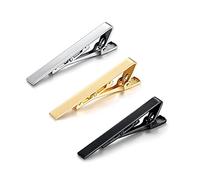 KOMUNJ 3 Pack Tie Clips for Men Long Styles Tie Bar Clip Set for Wedding Anniversary Business and Daily Life, Silver Gold Black