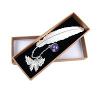 KOMUNJ Feather Bookmark, Metal Feather Bookmark, 3D Butterfly and Dried Flower Glass Bead Pendant, Christmas & Birthday Gift for Women