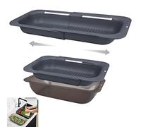 Komzon Over the Sink Strainer Colander Basket Set with Bowl, Extendable Kitchen Sink Strainer Basket to Wash Vegetables Fruits, Adjustable Retractable Plastic Colander to Drain Pasta, Dishes 13.5x7.8