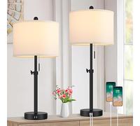 Kondras Table Lamp for Bedroom Set of 2, 23" to 30" Height Adjustable Bedside Lamp with 2 USB Ports, Black Nightstand Lamp with White Shade, Modern Pull Chain Table Lamp for Living Room End Table