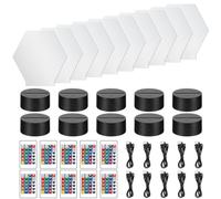 Konesky 10 Pieces Clear Acrylic Sheets and 10 Pieces 3D Night LED Light Lamp Base with Remote Control and USB Cable, DIY Acrylic Led Night Lamp Sets 7 Colors for Bar Room Decoration (Hexagon)