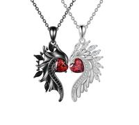 KONFEN 2PCS Couple Matching Necklaces, Stainless Steel Angel Wings Pendant with Shiny Cubic Zirconia, Punk Retro Gothic Couple Necklaces Set with Adjustable Alloy Pendant Chain Gifts for Lovers Sister