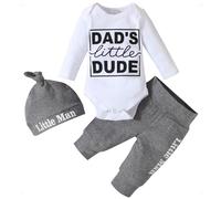 KONFEN Baby Boy Clothing Set, Dad's Little Dude Infant Long Sleeve Bodysuit + Pants + Hat 3PCS Set, Newborn Boy Clothes Letter Print Infant Outfits Set Spring Fall Winter for 0-3 Month