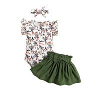 KONFEN Baby Girl Outfits Floral Romper Short Sleeve Leaves Bodysuit + Ruffle Skirt + Headband 3pcs Set, Newborn Baby Tiny Girl Summer Clothes Toddler Outfits Green Infant Outfit Set for 9-12 Month