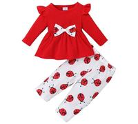KONFEN Baby Girl Outfits Ladybird Long Sleeve T-shirt with Bowknot + Pants 2PCS Set, Ladybug Newborn Girl Long Sleeve Trouser Clothes Infant Outfit Set for Baby Girl for 3-6 Months, Red