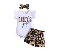 KONFEN Baby Girl Outfits Leopard Print Romper Bodysuit + Shorts + Headband + Waistband 4PCS Set, Newborn Baby Girl Summer Clothes Jumpsuit Infant Outfit Set for 6-9 Month