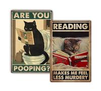 KONFEN Vintage Metal Cat Reading + Are You Pooping Tin Sign Wall Art Retro Decor, Funny Plaque Poster Print Decoration 8 * 12 Inch for Cat Lovers Home Bathroom Door Cafe Bar