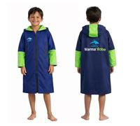 Konfidence Kids Warma Robe - Lightweight, Fleece-Lined Soft Shell Changing Robe | Water-Resistant, Windproof & Hooded for Swimming, Beach, Surf & Outdoor Use (Navy Lime, 7-10 Years)