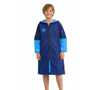 Konfidence Kids Warma Robe - Lightweight, Fleece-Lined Soft Shell Changing Robe | Water-Resistant, Windproof & Hooded for Swimming, Beach, Surf & Outdoor Use (Navy/Cyan, 10-14 Years)