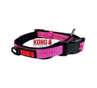 KONG Adjustable Soft Padded Dog Collar with Clasp Buckle - Reflective with Large Ring - Pink - Size L