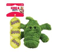 KONG Cozie Ali Alligator & SqueakAir Balls (3 Pack) - Dog Fetch & Chew Toys for Fun - Soft Toy Alligator for Indoor Play - Durable Dog Toy Balls for O