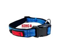 KONG Nylon Dog Collar - Adjustable, Soft Padded With Clasp Buckle, Reflective With Large Ring - Blue, Size L