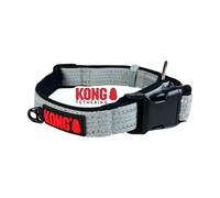 KONG Nylon Dog Collar - Adjustable, Soft Padded With Clasp Buckle, Reflective With Large Ring - Grey, Size L
