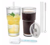 Kongming 2 Pack 600mL Iced Coffee Cup Set,Ribbed Glass Tumbler with Straw and Lid,Durable Leakproof Iced Latte Glass with Straw Brush and Cup Brush,Ideal for Cold Drinks,Smoothies,Cocktails & Matcha