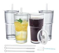 Kongming 4 Pack 600mL Iced Coffee Cup Set,Ribbed Glass Tumbler with Straw and Lid,Durable Leakproof Iced Latte Glass with Straw Brush and Cup Brush,Ideal for Cold Drinks,Smoothies,Cocktails & Matcha