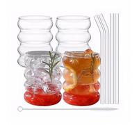 Kongming 4 PCS Smoothie Cup,350mL Aesthetic Glass Cups with Glass Straws Set and Straw Brush,Ripple Shaped Vintage Iced Coffee Cup,Drinking Glasses Ribbed Glassware for Cocktail,Water,Soda,Juice,Milk