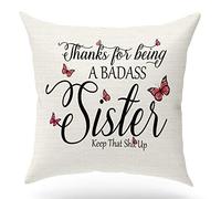 KongMoTree Funny Gifts for Sisters,Thanks for Being a Badass Sister, Linen Throw Pillow Case Cushion Cover, Decorative Room Decoration Home Decor for Sofa Bedroom Office,18x18 inch