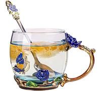 KONGNY Enamel Butterfly Flower Lead-Free Glass Coffee Mug Flower Tea Cups with Spoon, Ideal for Women Mom Grandma Wife Friend Wedding Anniversary Birthday Christmas Valentines Day, 11oz
