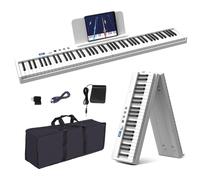 KONIX Folding Piano Keyboard, 88 Key Full Size Semi Weighted Foldable Keyboard Piano, Portable Bluetooth Electric Piano with Sheet Music Stand, Sustain Pedal and Piano Bag, White