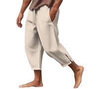 KonJim Mens 2024 Cotton Linen Capri Pants Yoga Pants Elastic Drawstring Casual 3/4 Capri Hippie Pants Wide Leg Baggy Cotton Harem Yoga Trousers with Pockets Khaki